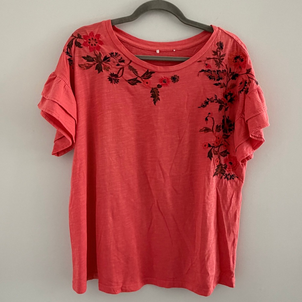 Sundance Coral Floral Embroidered Ruffle Sleeve Slub Cotton Top Lg Boho Cottage